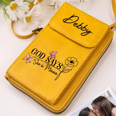 Custom Name Birth Flower "God Says She is" Crossbody Cellphone Bag, Leather Phone Wallet Purse with Adjustable Shoulder Strap, Birthday Gift for Women