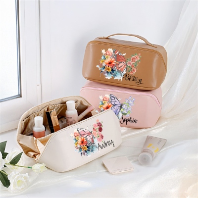 Personalized Name Birth Flower Butterfly Travel Makeup Bag, Open Flat Leather Cosmetic Bag with Divider & Handle, Birthday Gift for Her/Mom/Women