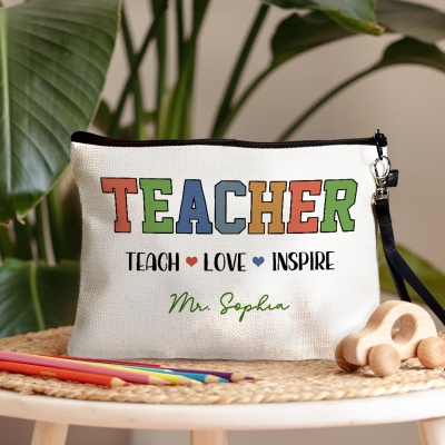 Personalized Name "Teach Love Inspire" Teacher's Cosmetic Bag, Linen Makeup Pouch with Wrist Strap, Travel Accessory, Appreciation Gift for Teachers