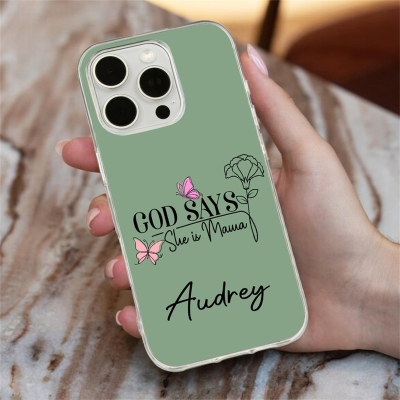 Personalized Name Birth Flower "God Says She is" Phone Case, Multicolor TPU Phone Case for iPhone, Birthday/Mother's Day Gift for Her/Mom/Grandma