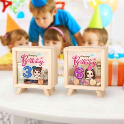 Personalized Name Cartoon Character Money Box with Number, Wooden Clear Window Money Box Saving Bank, Desk Decor, Birthday Gift for Kids/Boys/Girls