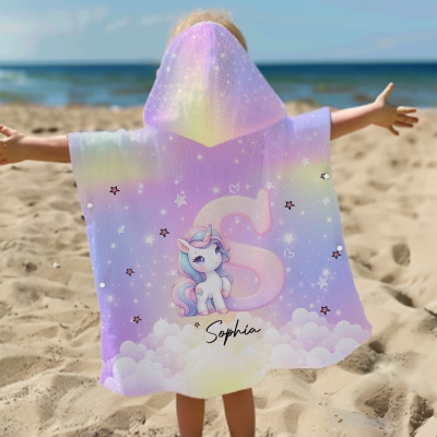 Personalized Unicorn Alphabet Hooded Beach Towel with Name, Quick Dry Bath Towel, Summer Vacation/Beach/Pool Party Favor, Gift for Kids/Girls