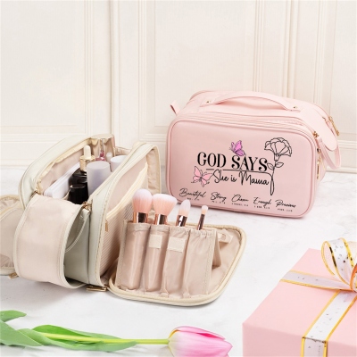 Personalized Name Birth Flower "God Says She is" Bible Verses Leather Toiletry Bag, Large Capacity Double Layer Makeup Bag, Gift for Her/Mom/Grandma