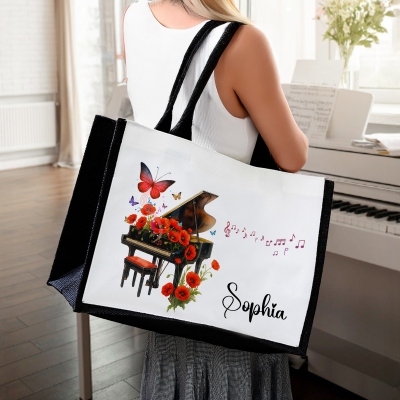 Personalized Birth Flower Piano Design Tote Bag with Name, Large Capacity Canvas Handbag, Birthday/Anniversary Gift for Her/Women/Music Lovers