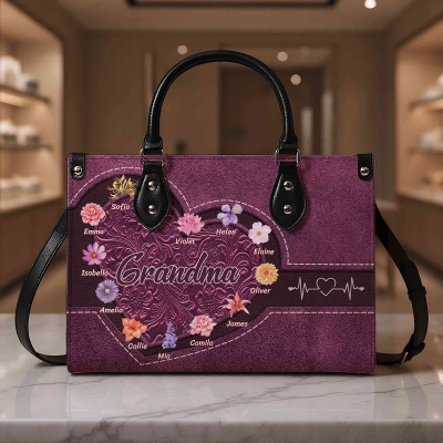 Personalized Names & Birth Flowers Tote Bag with Adjustable Strap, Large Capacity Heart Floral Handbag, Birthday/Mother's Day Gift for Her/Mom/Grandma