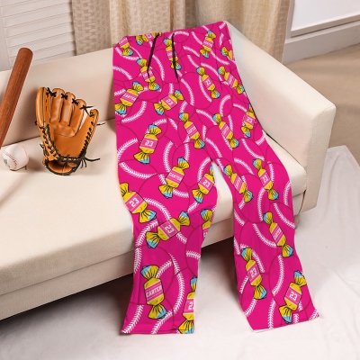 Personalized Candy Baseball Pajama Pants with Name & Number, Fun Sports Lounge Sleepwear, Soft Relax Fit, Gift for Baseball Fans/Sports Players