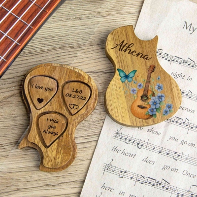 Anpassade gitarrplektrum med namn och födelseblomma, förvaringsfodral, trälåda och 3-delat gitarrplektrumset, födelsedagspresent till gitarrister/musikälskare