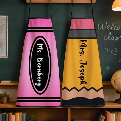 Personalized Pencil/Notebook/Ruler/Crayon Design Teacher Apron with Name, School Classroom Supplies, Halloween Gift for Teachers/Tutors