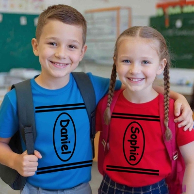 Personalized Name Crayon Design T-Shirt, 100% Cotton Multicolor Crewneck T-Shirt, Halloween Party Outfit, Halloween Gift for Kids/Family/Teachers