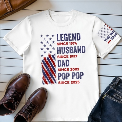 Personlig namnstjärnor och ränder med legend make pappa morfar t-shirt, flerfärgad bomullst-shirt, födelsedags-/fars dagspresent till make/pappa/morfar