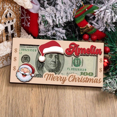 Custom Name Santa Claus Hat Christmas Money Holder, Wooden Money Box, Holiday Stocking Stuffer, Christmas Gift for Kids/Family