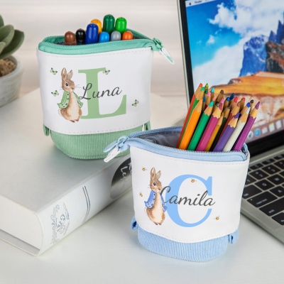 Custom Name & Initial Peter Rabbit Stand-Up Telescopic Pencil Bag, Retractable Pen Holder, Corduroy Stationery Organizer, Back to School Gift for Kids