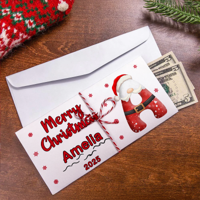 Custom Name & Initial Christmas Theme Envelope, Santa Claus Card Money Wallet with String, Holiday Stocking Stuffer, Christmas Gift for Kids/Family