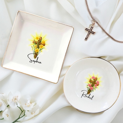 Personalized Name Birth Flower Cross Jewelry Dish, Round/Square Ceramic Christian Trinket Dish Tray, Birthday/Christmas Gift for Her/Mom/Friends