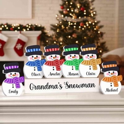 Custom Names 1-10 Snowmen Blocks Sign, Freestanding Snowman Family Decoration with Wooden Base, Tabletop Home Decor, Christmas Gift for Kids/Family
