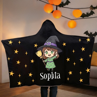 Custom Name Halloween Hooded Blanket, Cozy Wearable Throw with Fun Spooky Designs, Festival Gift for Friends/Family/Kids