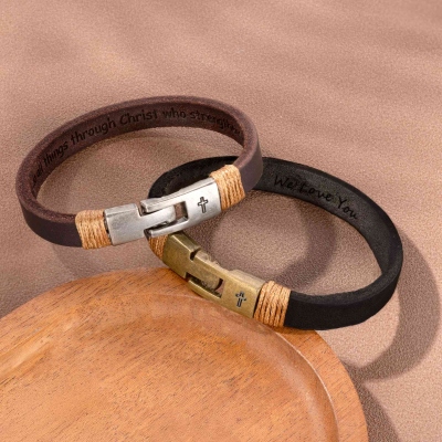 Unisex-Kreuz-Lederarmband für Männer, personalisiertes Geschenk für Ehemann, Jahrestag, Vater, gravierter religiöser Schmuck für ihn, Männer-Armbänder