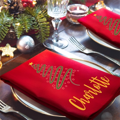 Personalized Name Starry Christmas Tree Napkin, Party Dinner Red Napkin, Dish Towel, Kitchen Accessory, Housewarming/Christmas Gift for Hostess/Family