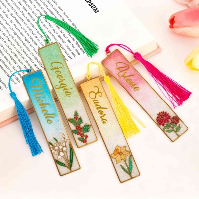 Personalized Name Birth Flower Glitter Bookmark with Tassel, Floral Resin Bookmark, Book Accessory, Birthday Gift for Book Lovers/Readers/Women