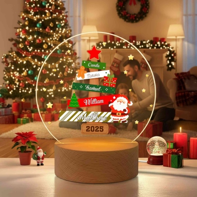 Personalized Cartoon Christmas Tree LED Night Light with Names, Acrylic Night Lamp with Wooden Base, Home Decor, Christmas Gift for Family/Kids