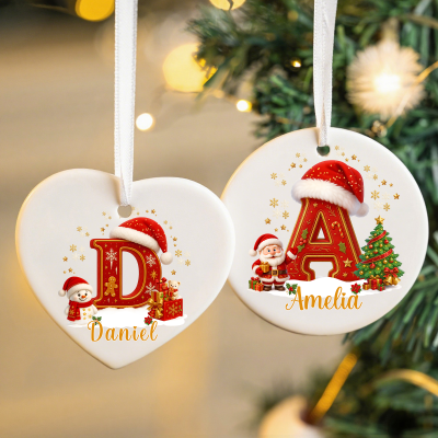 Personalized Christmas Alphabet Ceramic Ornament with Name, Heart-Shaped/Round Christmas Tree Hanging Decor, Christmas Gift for Family/Friends