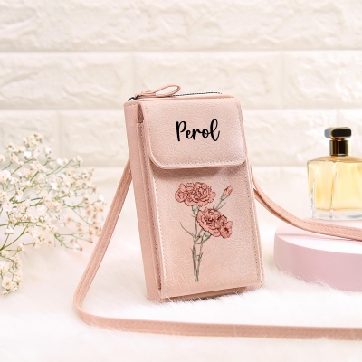 Custom Name Birth Flower Crossbody Cellphone Bag, Leather Phone Wallet Purse with Adjustable Strap, Mother's Day/Birthday Gift for Her/Mom/Besties