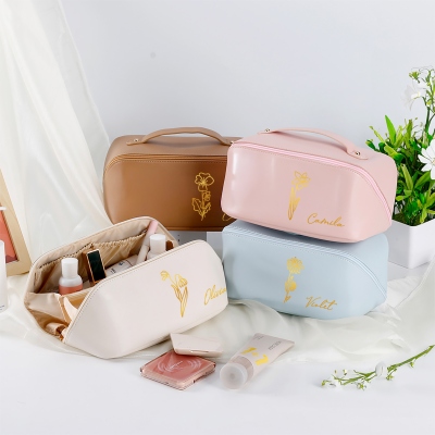Personalized Gold Foil Birth Flower Makeup Bag with Name, Open Flat Leather Cosmetic Bag with Divider & Handle, Bridal Shower Favor, Gift for Women