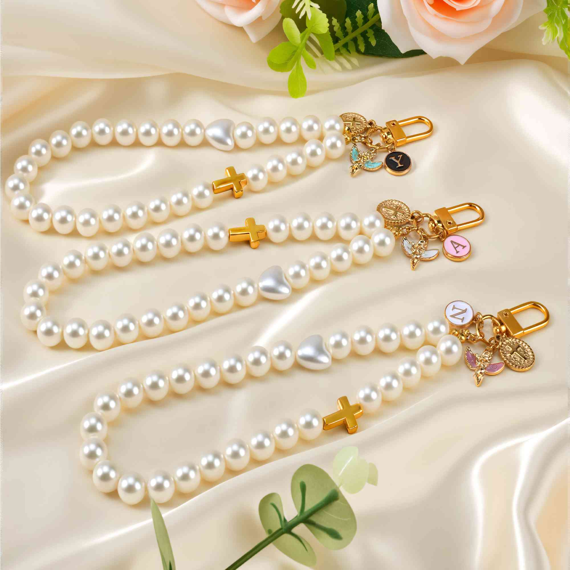 Personalized Angel Cross Pearl Keychain with Initial, Prayer
