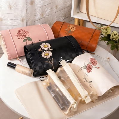 Custom Name & Birth Flower Foldable 4-in-1 Makeup Bag, Hanging Roll up Toiletry Bag, Bridal Shower Favor, Birthday/Christmas Gift for Her/Mom/Women