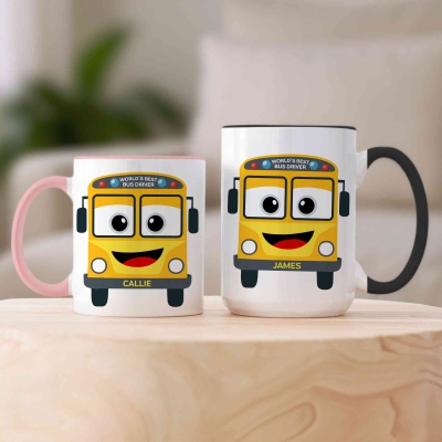 Personalized Cartoon Best Bus Driver Mug with Name, 11oz/15oz Two Tone Ceramic Mug for Hot Cocoa Milk Coffee, Birthday/Christmas Gift for Kids/Family