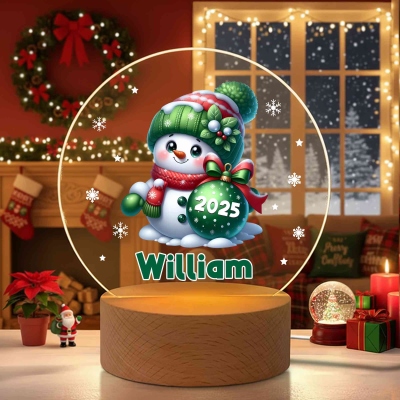 Custom Name Cartoon Snowman with Bauble Design LED Night Light, Acrylic Night Lamp with Wooden Base, Home Decor, Christmas Gift for Kids/Boys/Girls