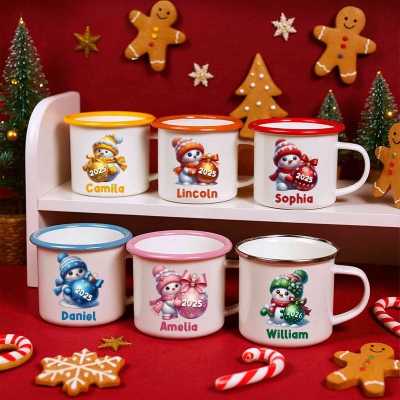 Custom Name Cartoon Snowman with Bauble Enamel Mug, 12oz Shatterproof Cup with Handle, Hot Cocoa Milk Mug, Stocking Stuffer, Christmas Gift for Kids
