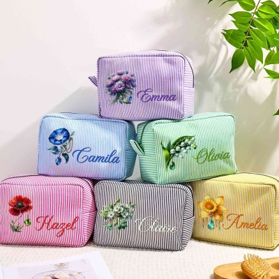 Personalized Name Gemstone Birth Flower Striped Makeup Bag, Travel Cosmetic Bag, Birthday/Wedding Gift for Her/Mom/Bridesmaids/Women