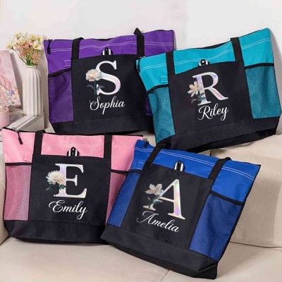 Personalized Name Mother of Pearl Effect Initial Birth Flower Tote Bag, Large Capacity Oxford Cloth Handbag with Mesh Pockets, Gift for Her/Mom/Women