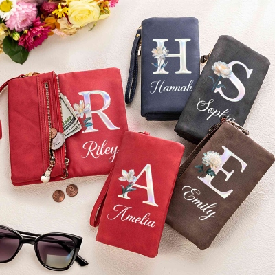 Custom Name Mother of Pearl Effect Initial Birth Flower Tri-Fold Wallet, Leather Wallet Card Phone Holder with Wrist Strap, Gift for Her/Mom/Women