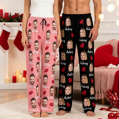 Personalized 1-5 Portraits Pajama Pants with Names, Human/Pet Face Photos Lounge Pants, Birthday/Christmas Gift for Couple/Family/Kids/Pet Lovers