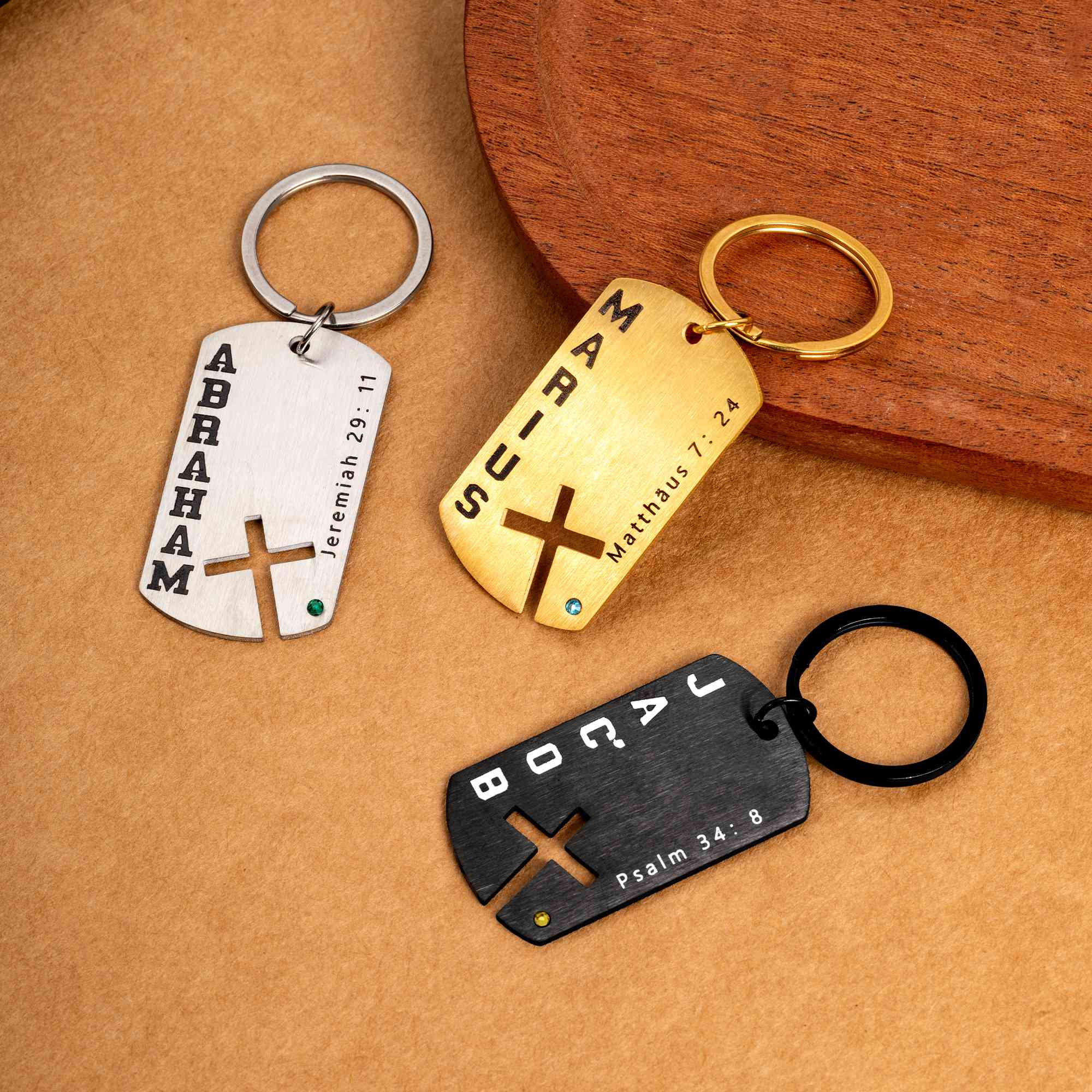 Personalized Name Engraved Cross Bible Verse Dog Tag Keychain with