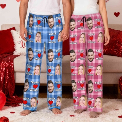 Personalized Couple's Portraits Pajama Pants with Names, Face Photos Lounge Pants, Anniversary/Valentine's Day/Wedding Gift for Couple/Newlyweds