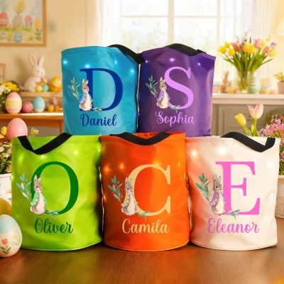 Custom Name & Initial Peter Rabbit Bunny LED Light Up Bucket Bag, Easter Egg Hunt Basket, Easter Party Favor, Easter Gift for Kids/Boys/Girls