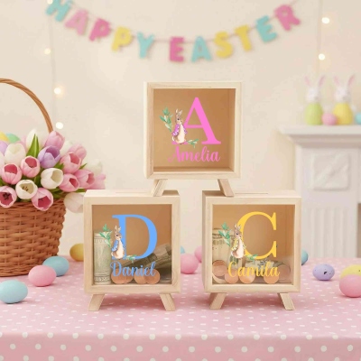 Personalized Name Cartoon Peter Rabbit Bunny Alphabet Piggy Bank, Wooden Clear Window Money Box Saving Bank, Birthday/Easter Gift for Kids/Boys/Girls