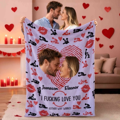 Custom Face Photos & Names Couple's Heart Fingerprints Blanket, Flannel/Sherpa Throw, Anniversary/Valentine's Day/Wedding Gift for Couples/Newlyweds