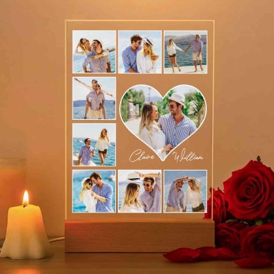 Custom Photos & Names Couple's LED Night Light, Acrylic Night Lamp with Wooden Base, Anniversary/Valentine's Day/Wedding Gift for Couples/Newlyweds