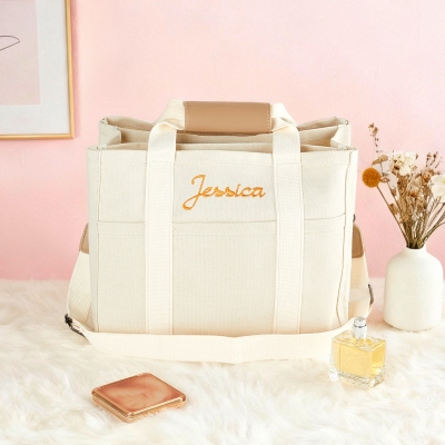 Personalized Embroidery Name Tote Bag, Canvas Multi-Pocket Large Capacity Crossbody Tote Bag, Nursing/Diaper/Shoulder Bag, Gift for Her/Mom/Women