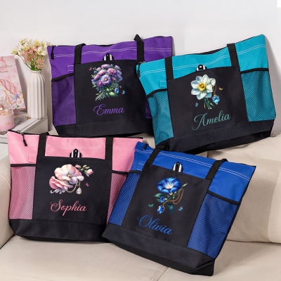 Personalized Name Gemstone Birth Flower Tote Bag, Large Capacity Oxford Cloth Handbag with Mesh Pockets, Birthday/Mother's Day Gift for Her/Mom/Women