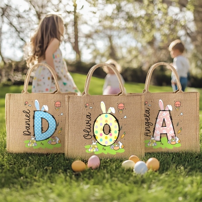 Custom Name Polka Dot Bunny Ears Alphabet Burlap Tote Bag, Large Capacity Jute Bag, Easter Egg Hunt Bag, Easter/Birthday Gift for Kids/Boys/Girls