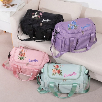 Personalized Name Watercolor Birth Flower Duffle Bag, Waterproof Weekender Bag, Overnight Bag with Shoulder Strap, Gift for Her/Bridesmaids/Women
