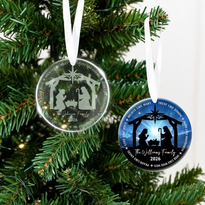 Personalized Name We Believe Nativity Ornament with Year, Ceramic/Acrylic Christmas Tree Hanging Decor, Religious/Christmas Gift for Christian Family