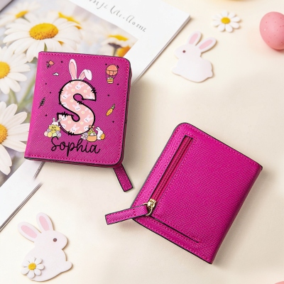 Personalized Name Polka Dot Bunny Ears Alphabet Mini Wallet, PU Leather Portable Card Holder Coin Purse, Birthday/Easter Gift for Kids/Girls