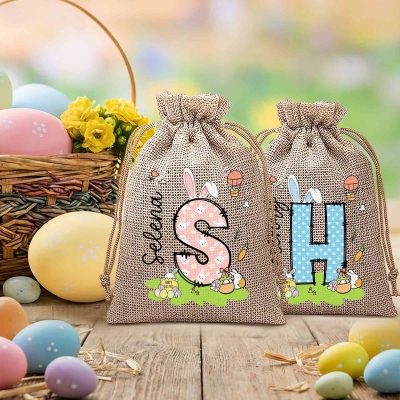 Personalized Name Polka Dot Bunny Ears Alphabet Burlap Bag, Easter Egg Hunt Bag with Drawstring, Easter Favor Pouch, Easter Gift for Kids/Boys/Girls