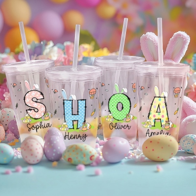 Personalized Name Polka Dot Bunny Ears Alphabet Clear Tumbler with Straw, 16oz Kids' Cup, Easter Basket Stuffer, Easter Gift for Kids/Boys/Girls
